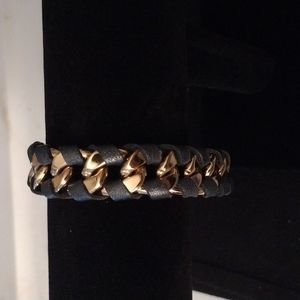 Skinny-Jessica Elliot Gold Tone Chunky Curb Chain Black Woven Leather Bracelet